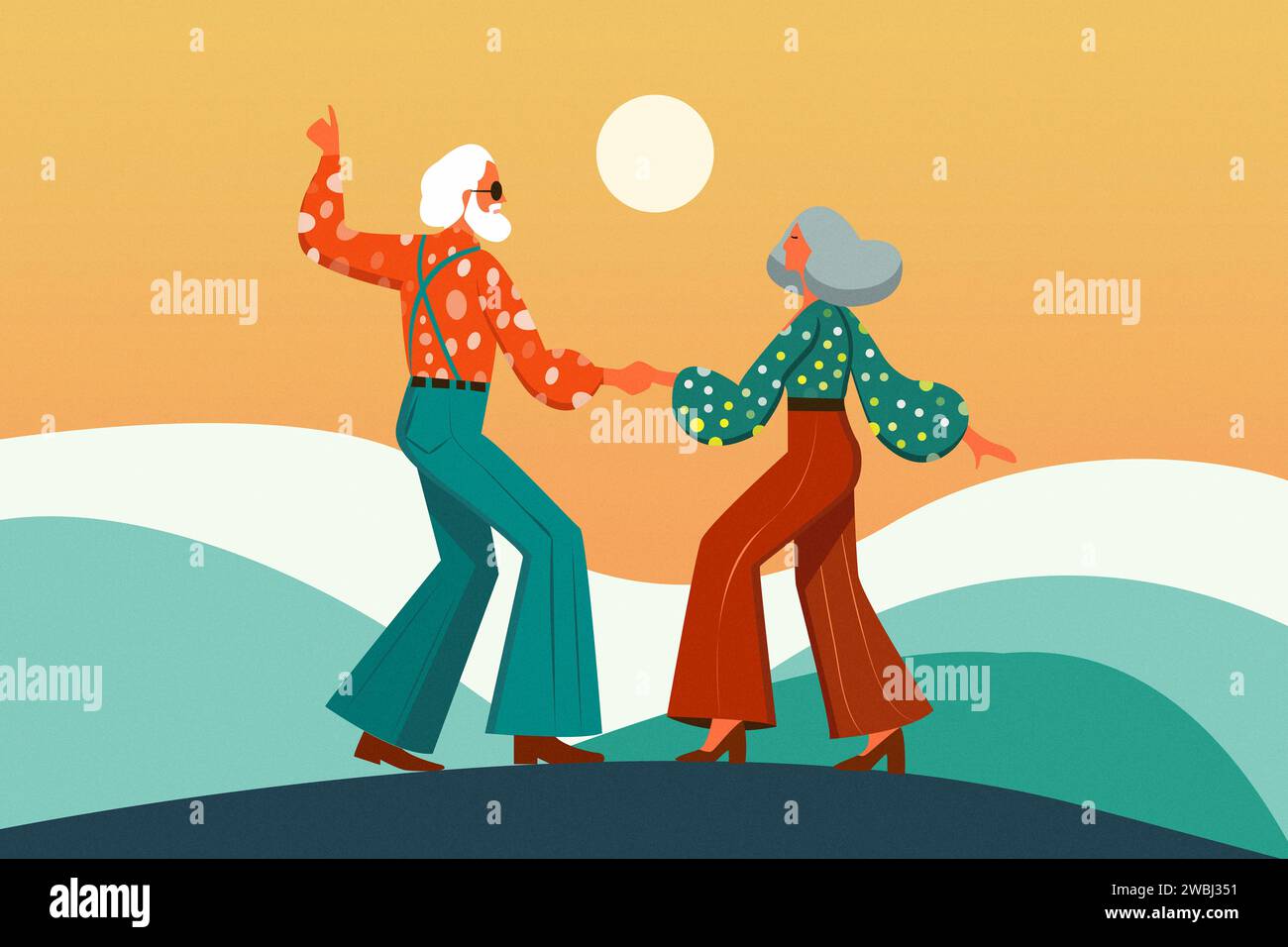 Lifestyle-Konzept der 90er Jahre, alter alter alter Mann-Frau, Tanz auf dem Hügel, Nostalgie Vintage, minimaler flacher Zeichentrickfilm Illustration Stockfoto