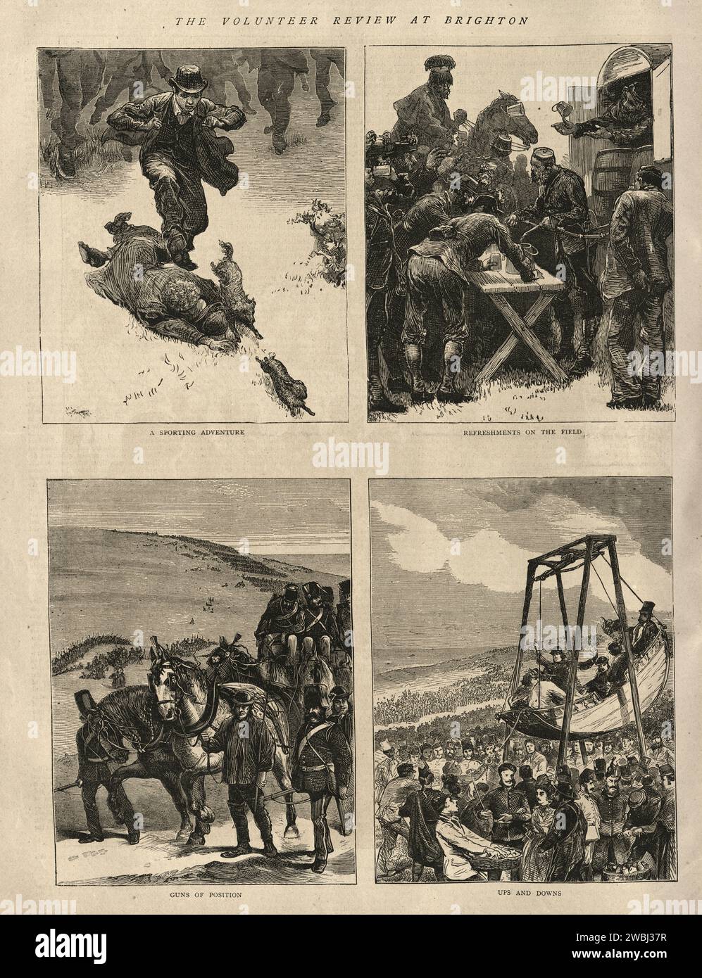 Alte Zeitungsseite, 1870er Jahre, Sketches from the Volunteer Review at Brighton, 1872, Hasen jagen, britischer Soldat, lustige Messe Stockfoto