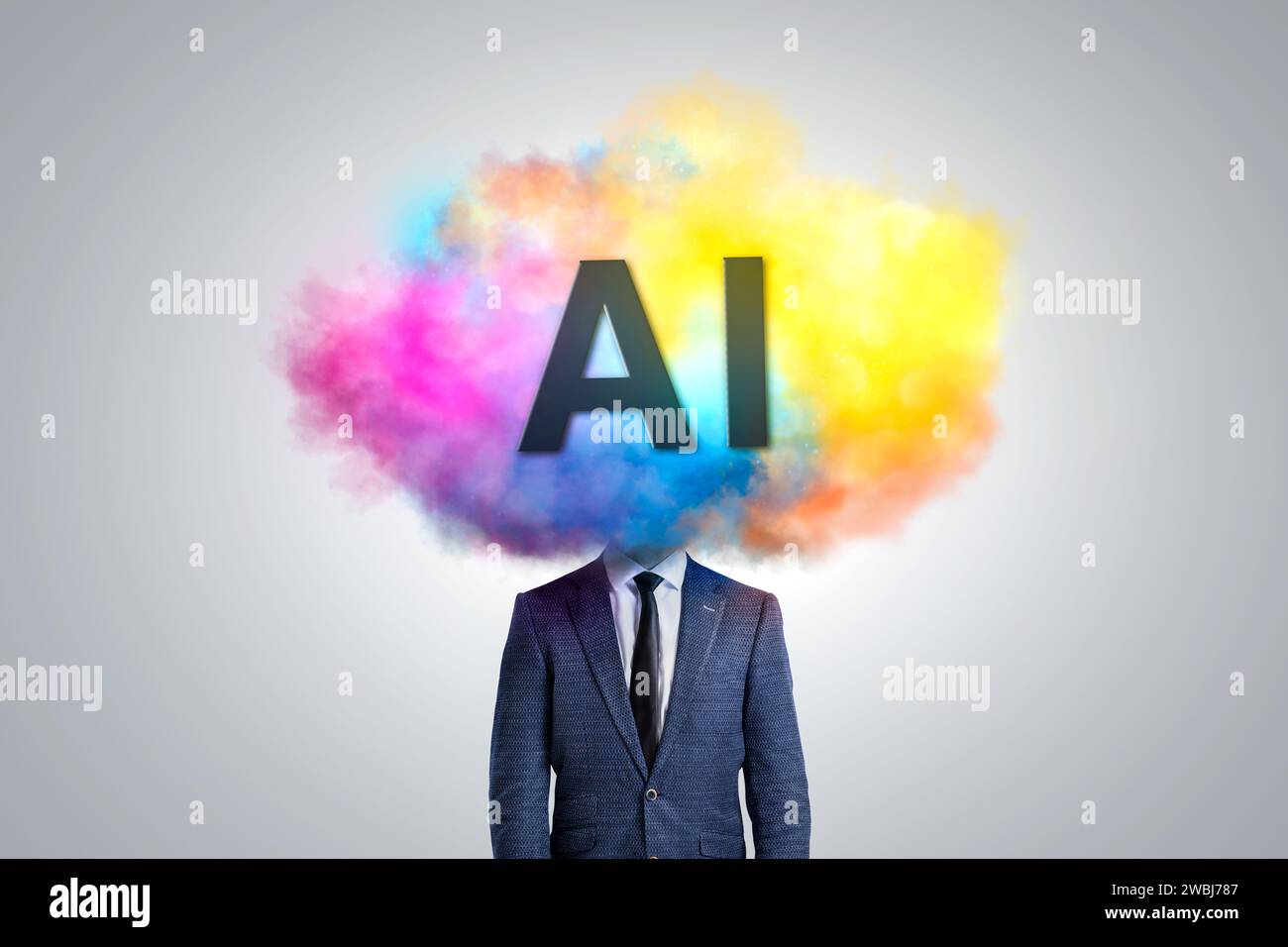 Der Kopf einer Person ist in einer farbenfrohen Cloud mit der Bezeichnung KI bedeckt Stockfoto