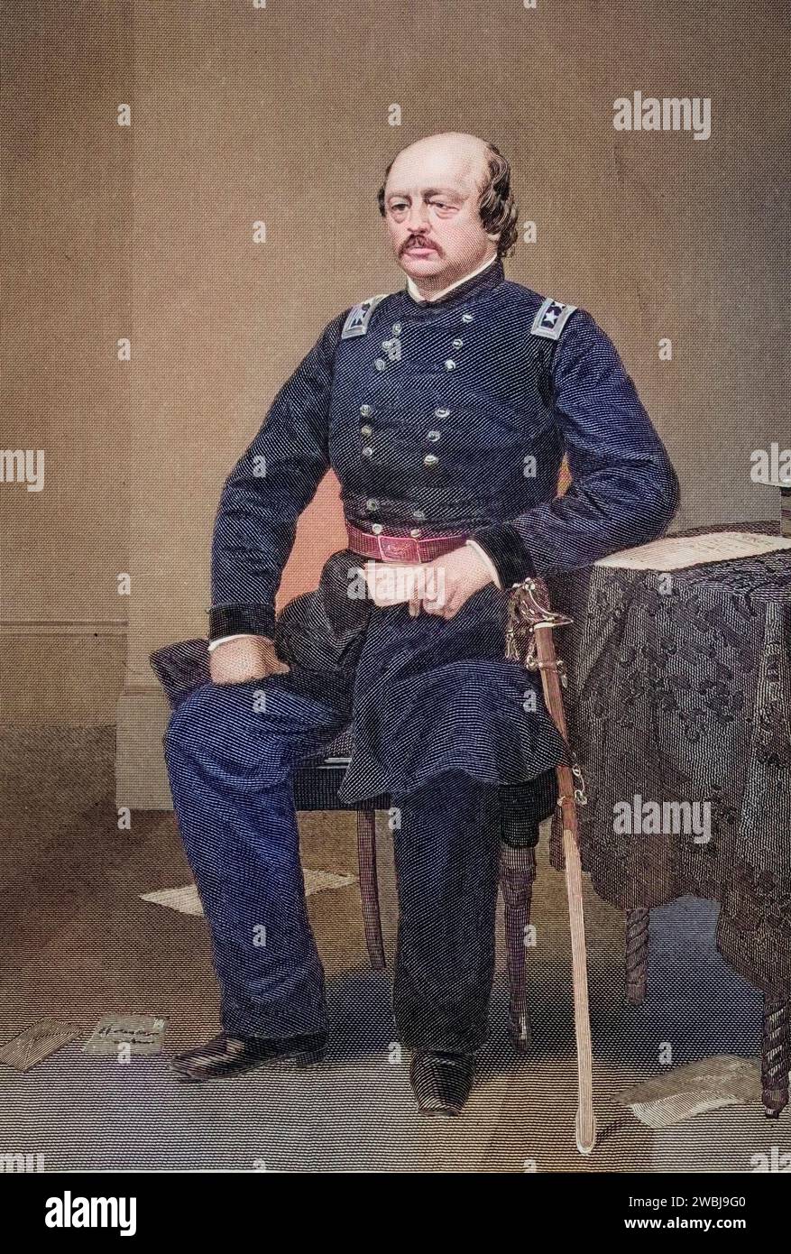 Benjamin Franklin Butler (* 5. November 1818 in Deerfield, Rockingham County, New Hampshire, verstorben am 11. November. Januar 1893 in Washington, D.C.) war ein US-amerikanischer Jurist, Politiker und General der United States Army im Sezessionskrieg, nach einem Gemälde von Alonzo Chappel (1828–1878), Historisch, digital restaurierte Reproduktion von einer Vorlage aus dem 19. Jahrhundert, Datum nicht angegeben Stockfoto