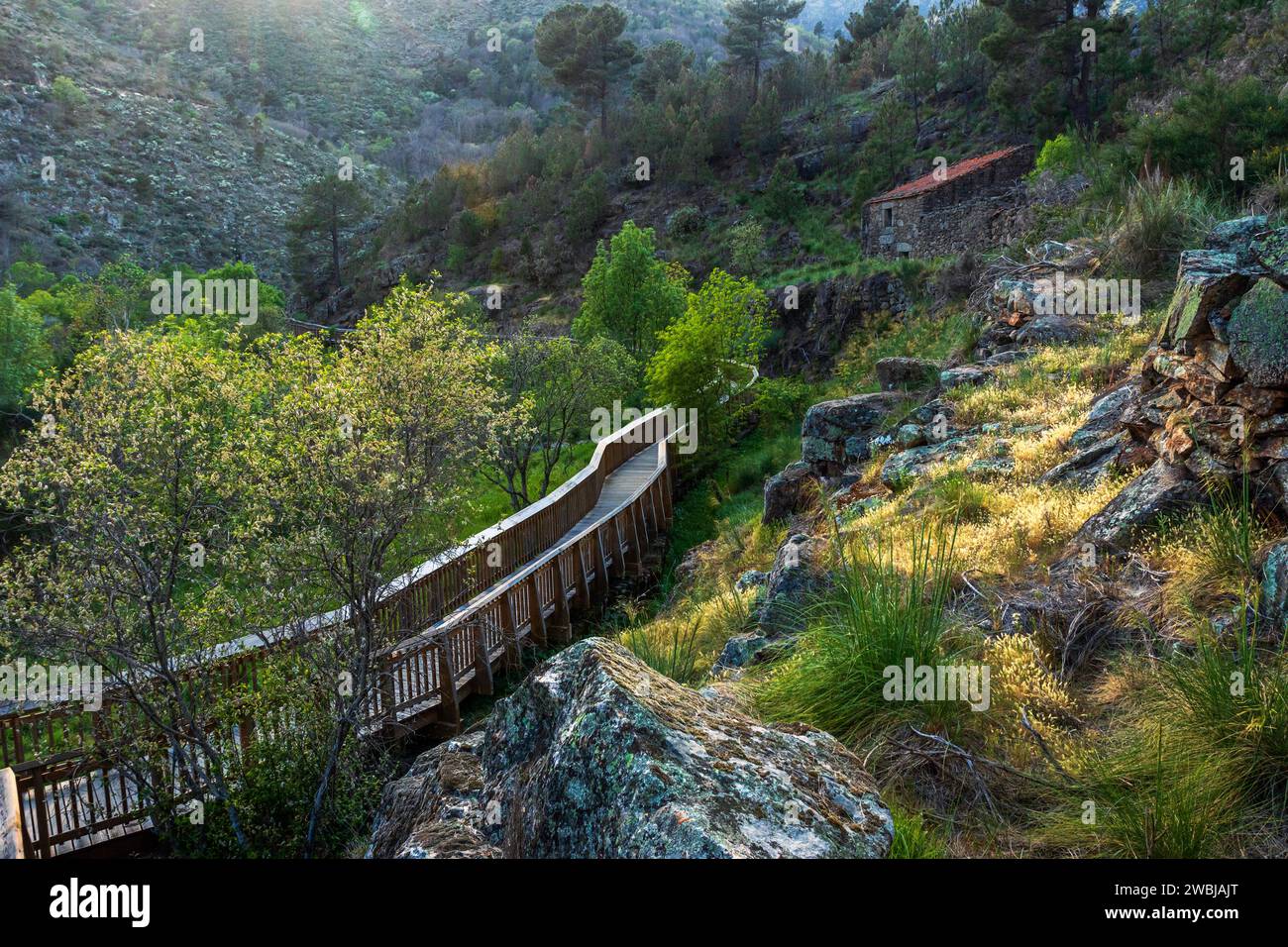 Guarda, Portugal - 10. April 2023: Wunderschöne Landschaft der Mondego-Wanderwege in der Nähe von Vila Soeiro in Portugal, mit strahlender Sonne am späten Nachmittag Stockfoto