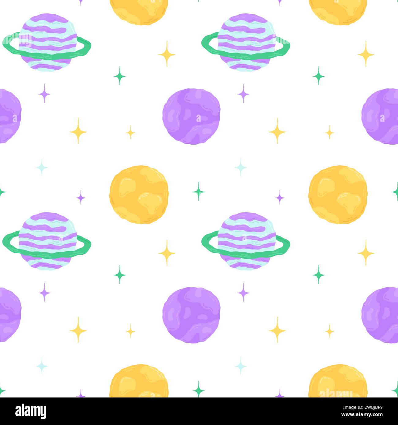 Niedliches nahtloses Muster mit Space-Elementen auf weißem Hintergrund. Handgezeichneter, flacher Cartoon-Stil. Vektorabbildung Stock Vektor