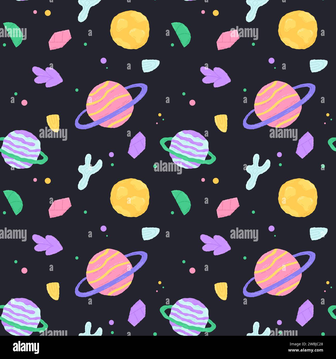 Niedliches nahtloses Muster mit Space-Elementen auf dunklem Hintergrund. Handgezeichneter, flacher Cartoon-Stil. Vektorabbildung Stock Vektor
