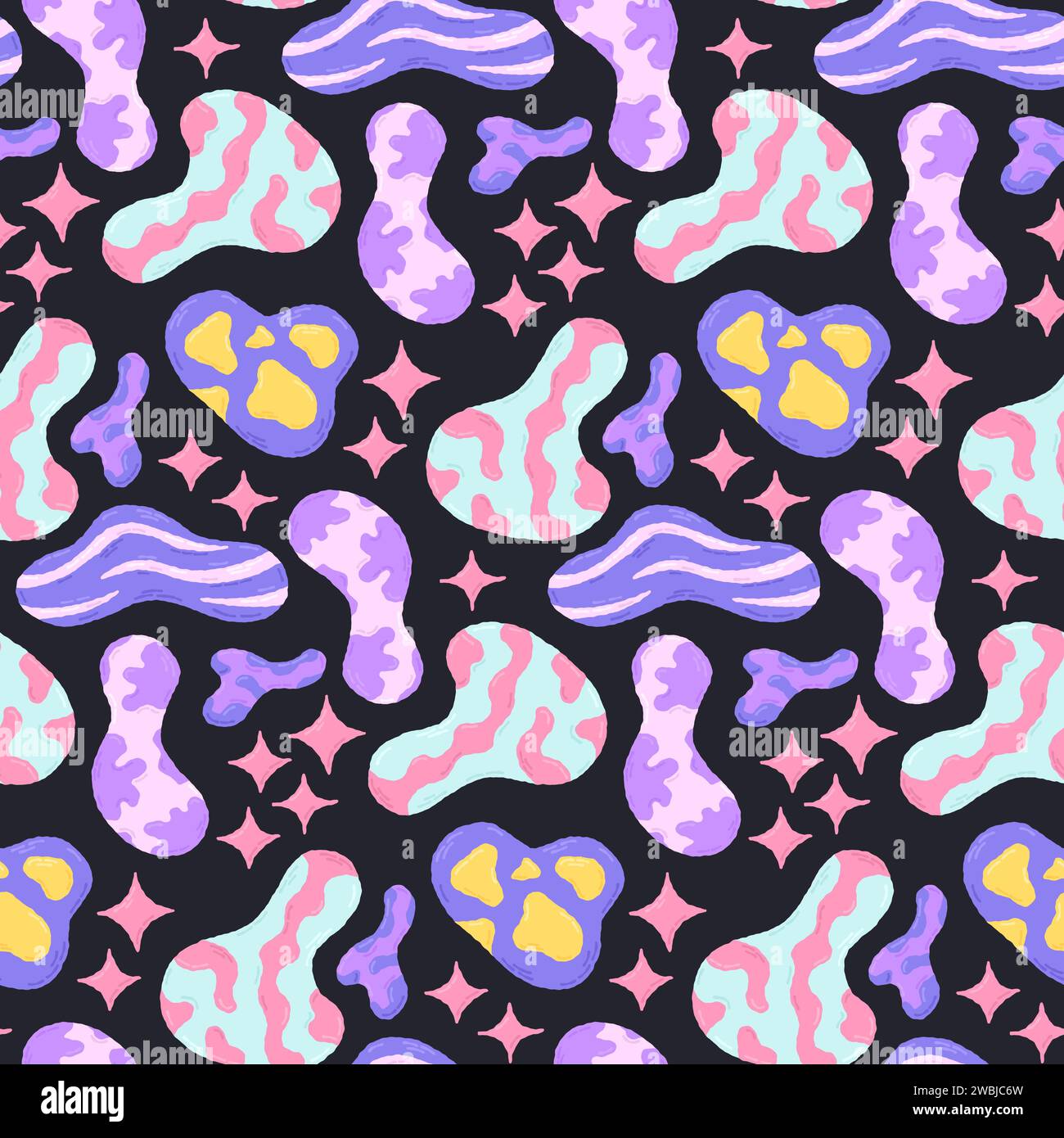 Niedliches nahtloses Muster mit Space-Elementen auf dunklem Hintergrund. Handgezeichneter, flacher Cartoon-Stil. Vektorabbildung Stock Vektor