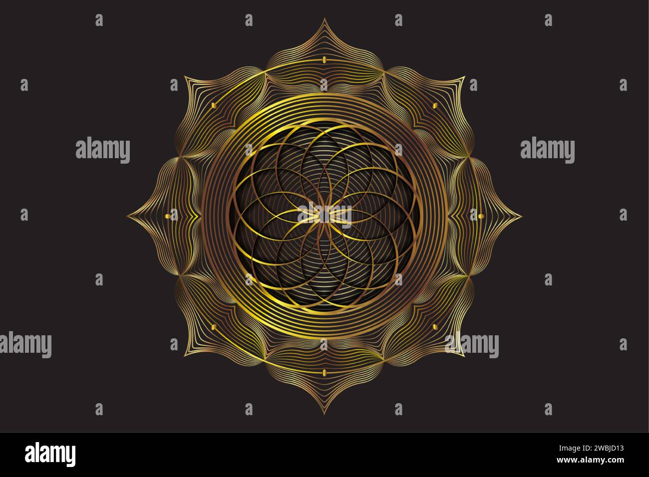 Gold Heiliger Lotus Mandala, mystische Blume des Lebens. Heilige Geometrie, grafisches Element des Vektorlogos isoliert. Mystische Ikone, Samenkorn des Lebens, luxuriöse Abstraktion Stock Vektor