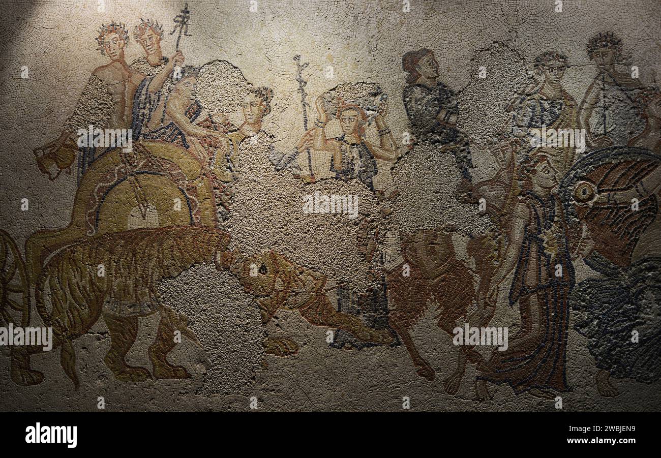 Der indische Triumph von Bacchus. Römische Mosaikplatte. 3.-4. Jahrhundert n. Chr. Details. Von Torre de Palma aus lusitisch-römische Villa, Monforte, Portalegre Viertel, Portugal. Nationalmuseum Für Archäologie. Lissabon, Portugal. Stockfoto