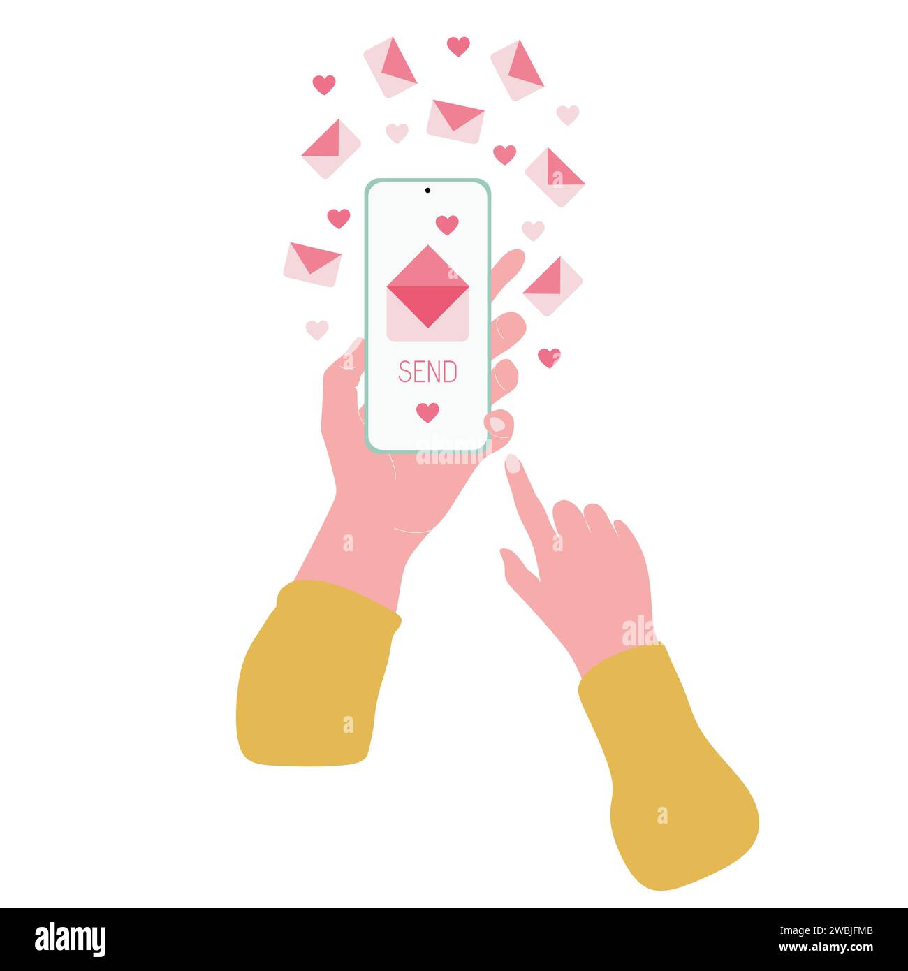 Illustration von Händen, die ein Telefon mit Liebesbotschaft mit Herzen und E-Mails halten, kommt zum Telefon isoliert auf weißem Hintergrund. Cartoon flach und niedlich Stock Vektor