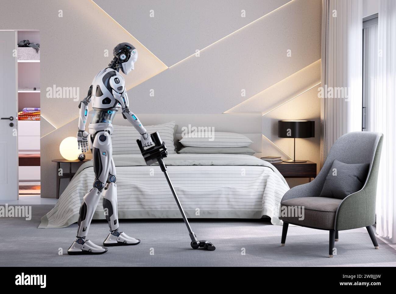 Roboterassistent saugt einen Raum. Heimanwender. Intelligenter Assistent. 3D-Abbildung Stockfoto