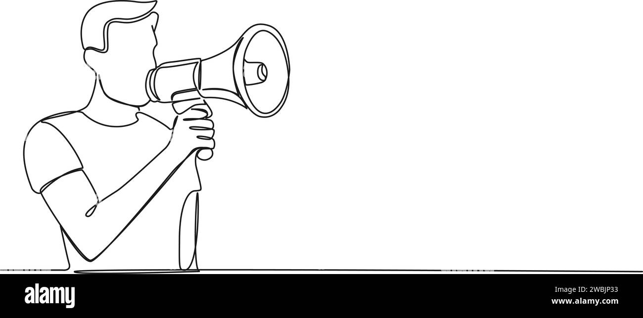 Durchgehende einzeilige Zeichnung des Menschen mit Megaphon, Linie Art Vektor Illustration Stock Vektor