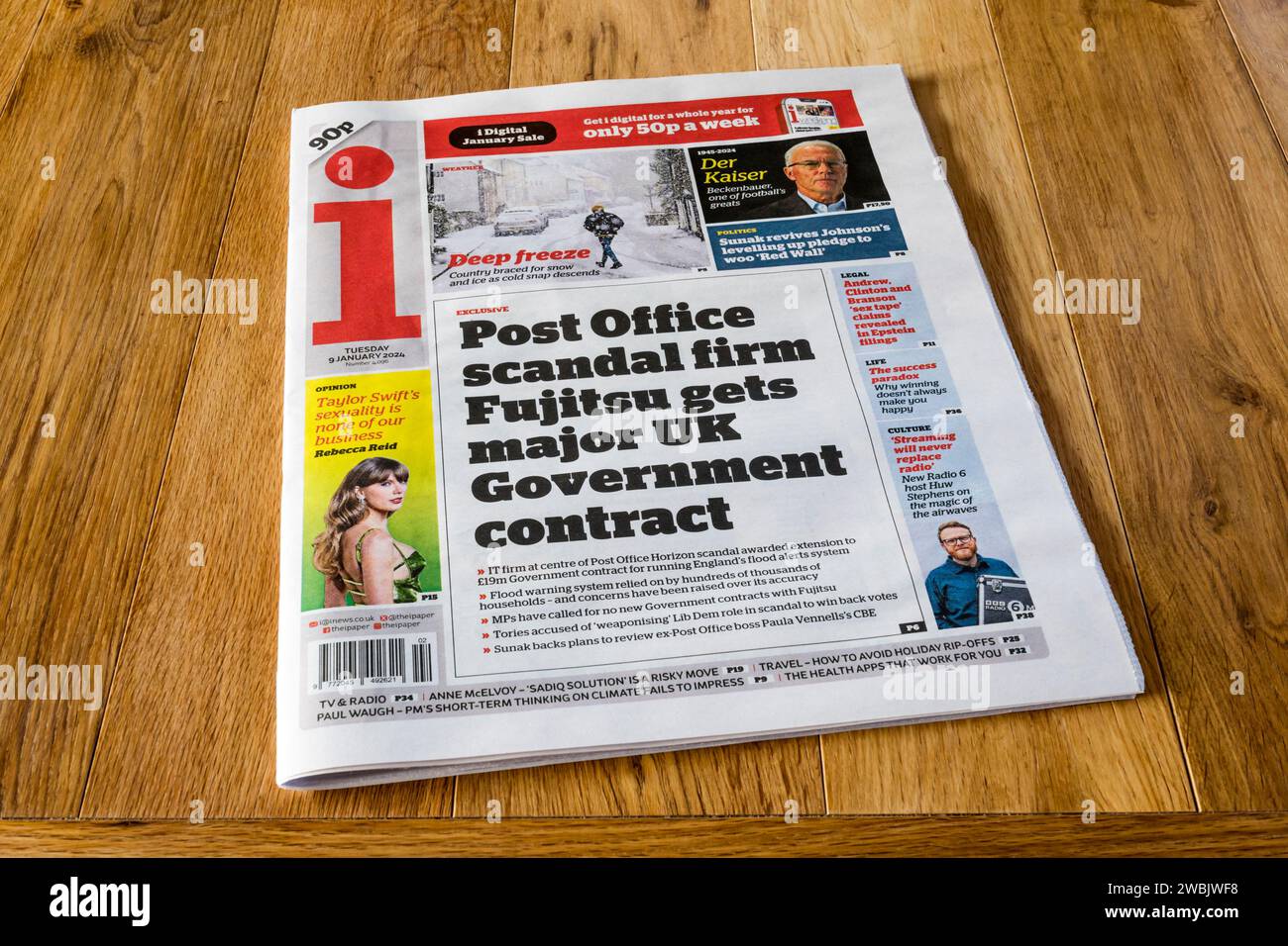 9. Januar 2024. Die Titelzeile der Zeitung i lautet: Post Office Skandal Firma Fujitsu bekommt großen Auftrag der britischen Regierung. Stockfoto