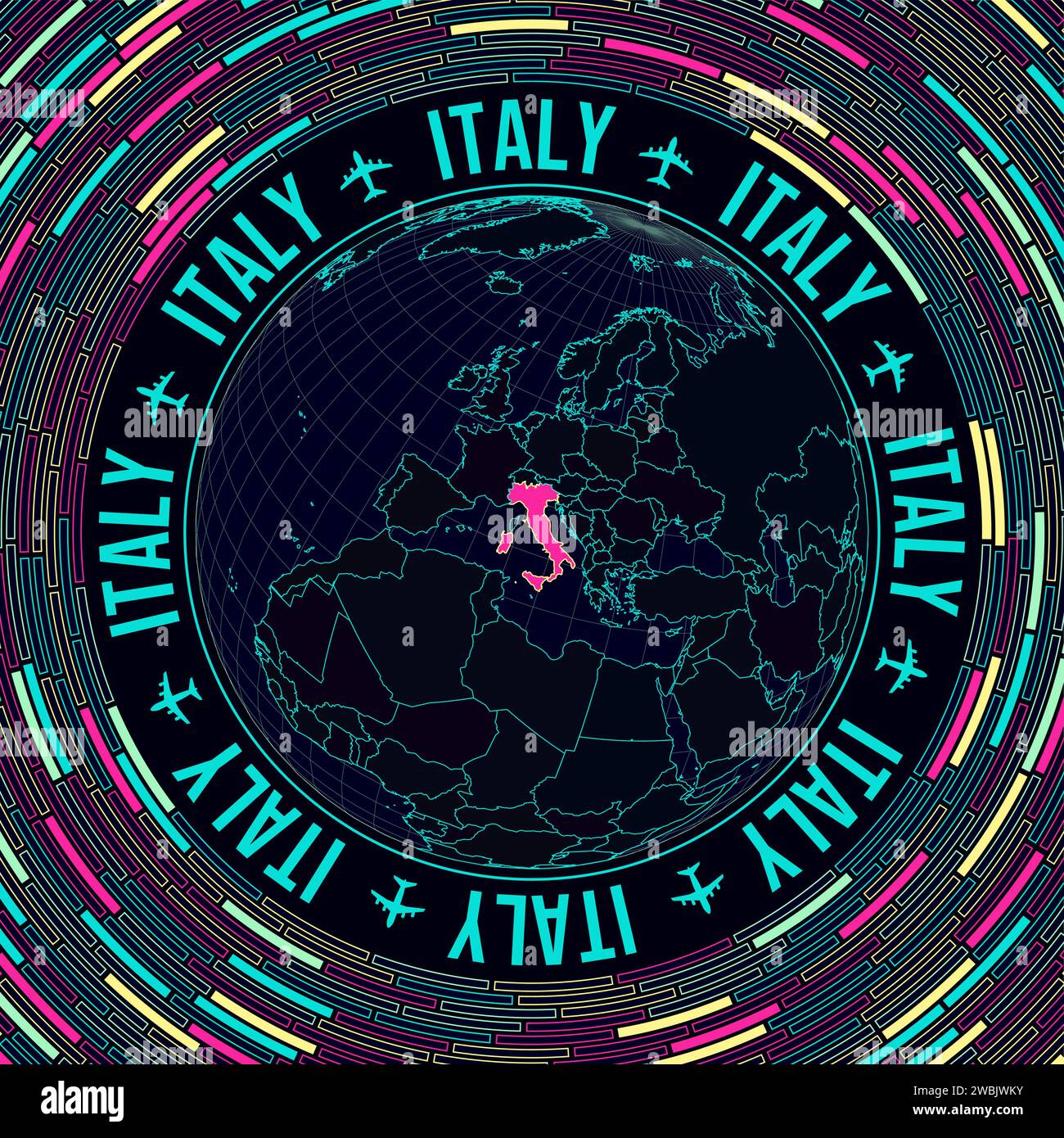 Italien auf der Welt. Satellitenansicht der Welt mit Schwerpunkt Italien. Leuchtender Neonstil. Futuristischer Radialziegelhintergrund. Stock Vektor