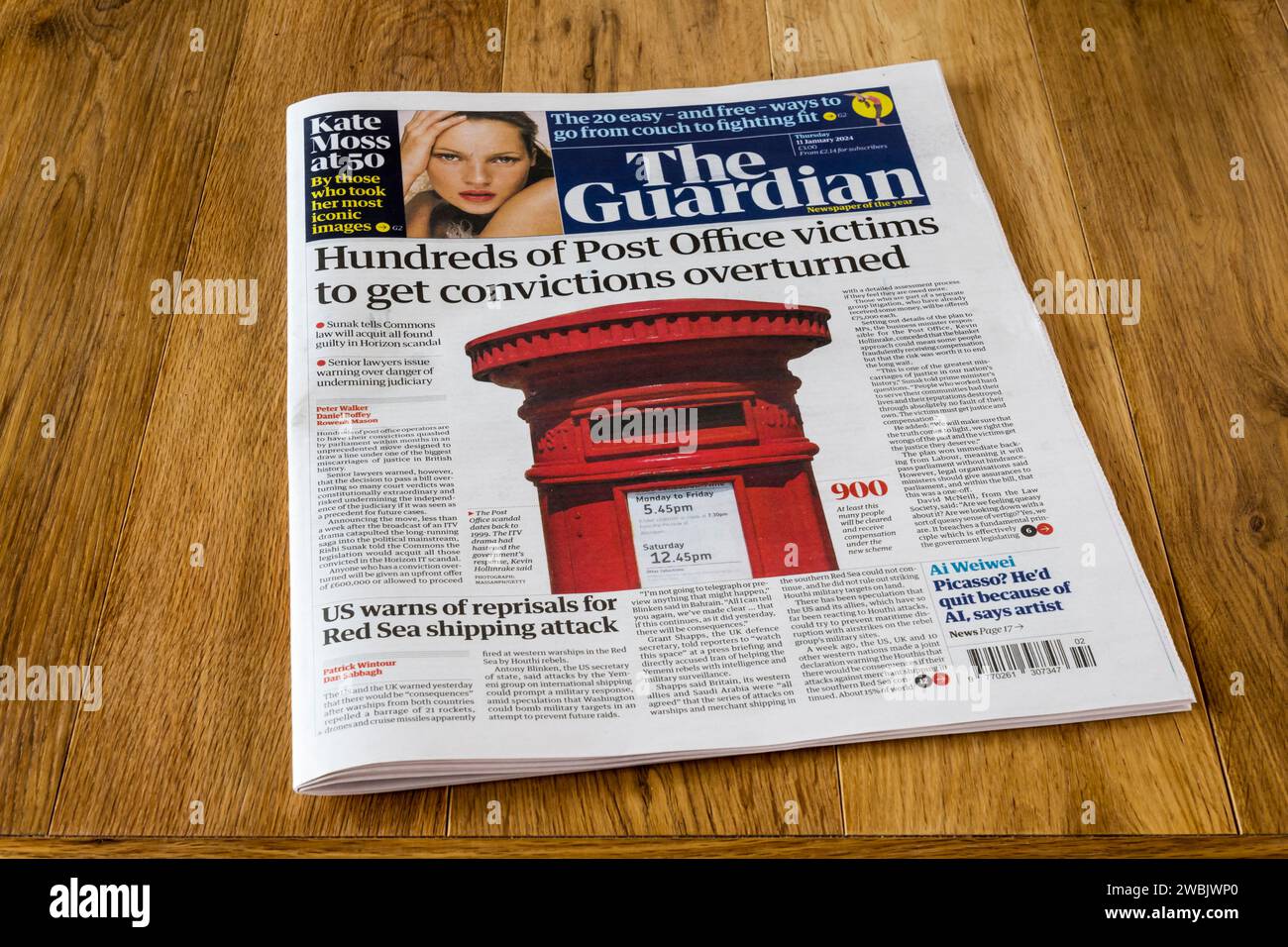 11. Januar 2024. Die Titelzeile von Guardian liest Hunderte von Postopfern, um die Verurteilungen aufzuheben. Stockfoto
