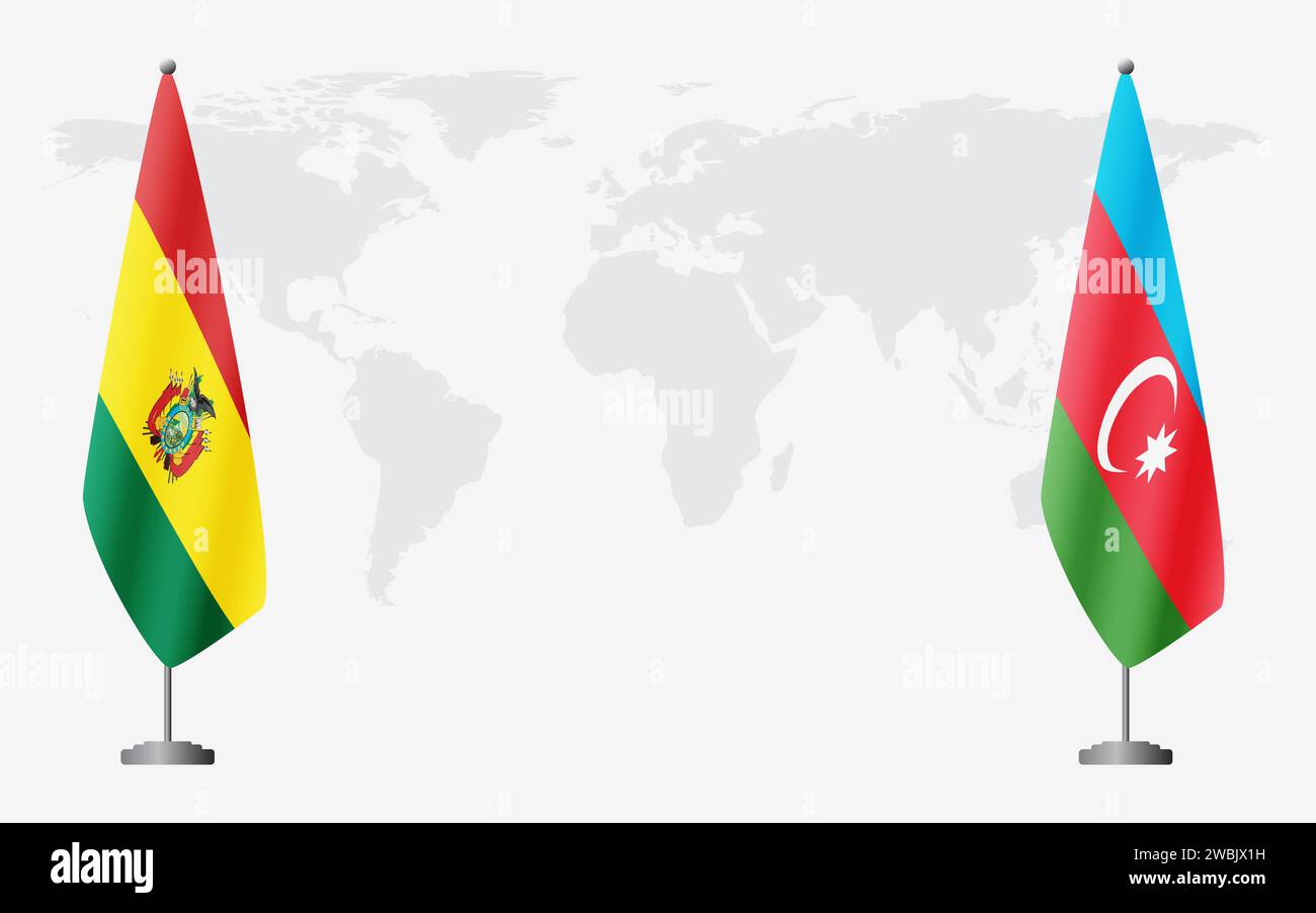 Bolivianische und aserbaidschanische Flaggen zum offiziellen Treffen vor dem Hintergrund der Weltkarte. Stock Vektor