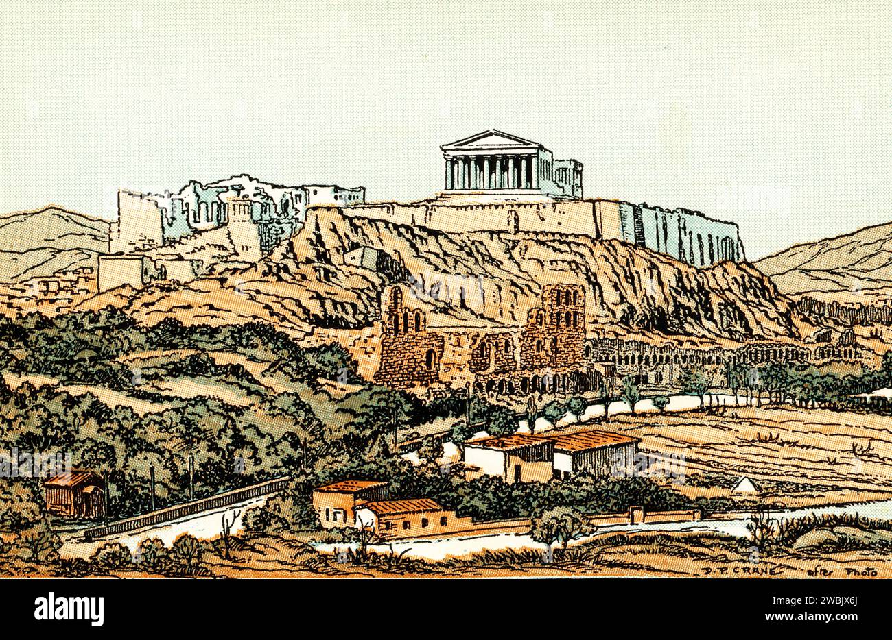Die Akropolis von Athen, 1930. Von Donn Philip Crane (1878–1944). Die Akropolis von Athen ist eine antike Zitadelle oberhalb der Stadt Athen, Griechenland. Während es Hinweise gibt, dass der Hügel bereits im vierten Jahrtausend v. Chr. bewohnt wurde, war es Perikles (um 429 v. Chr.) im fünften Jahrhundert v. Chr., der den Bau der Gebäude koordinierte, deren heutige Überreste die wichtigsten sind, darunter der Parthenon, die Propyläen, das Erechtheion und der Tempel der Athena Nike. Stockfoto
