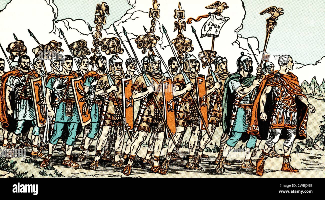 Cäsar marschiert an die Spitze seiner Legion bei der Invasion und Eroberung Galliens. Die Gallischen Kriege wurden zwischen 58 und 50 v. Chr. vom römischen General Julius Cäsar (100 v. Chr.–44 v. Chr.) gegen die Gallischen Völker geführt. Stockfoto