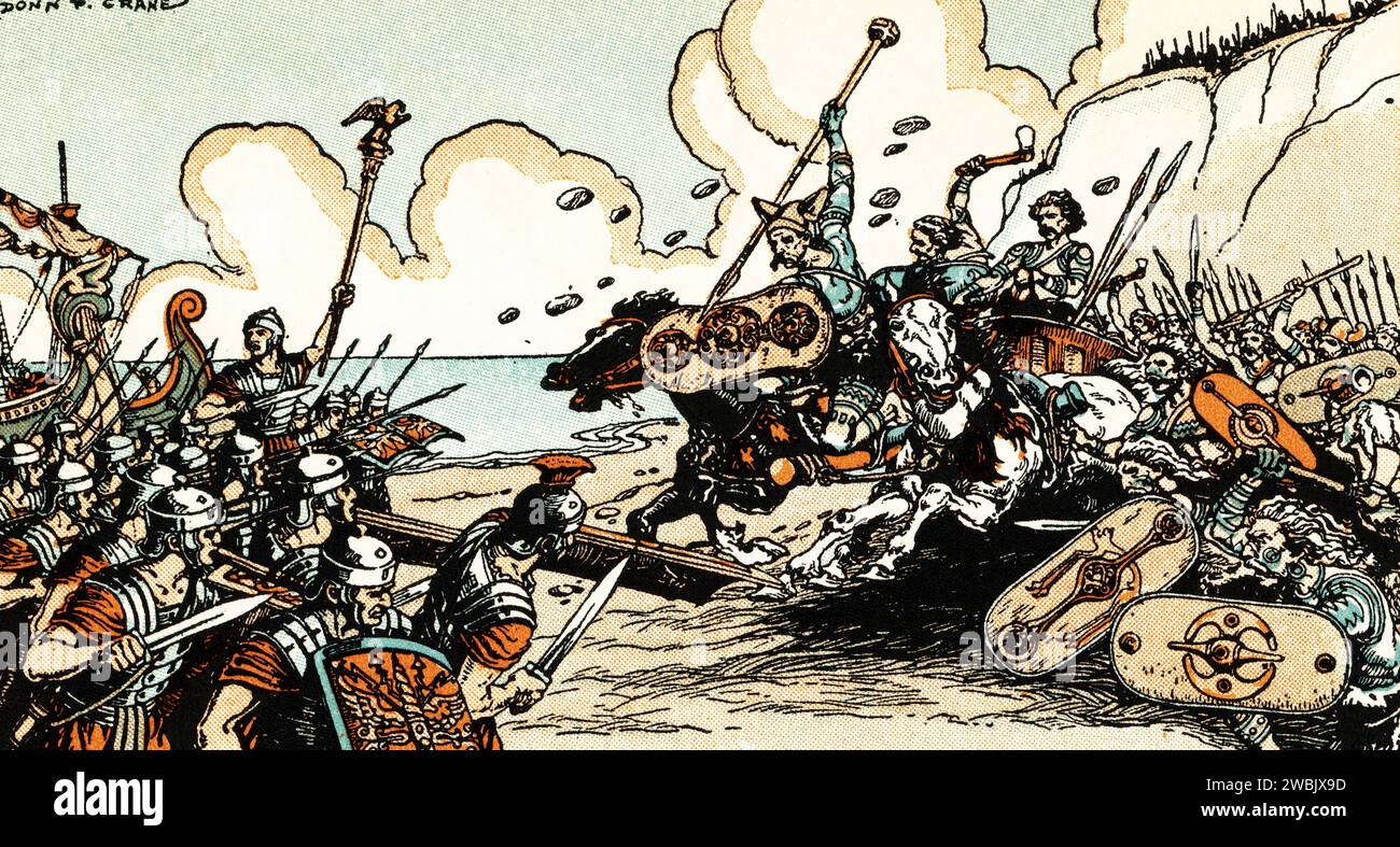 Die keltischen Briten widersetzen sich Caesar. Von Donn Philip Crane (1878–1944). Im Laufe seiner Gallienkriege marschierte Julius Cäsar (100 v. Chr.–44 v. Chr.) zweimal in Großbritannien ein: 55 und 54 v. Chr. Stockfoto