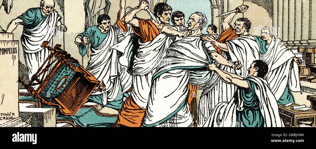 Die Ermordung von Julius Cäsar, 15. März 44 v. Chr. Von Donn Philip Crane (1878–1944). Julius Cäsar (100 v. Chr.–44 v. Chr.) wurde von einer Gruppe von 60 bis 70 Senatoren an den Iden von März 44 v. Chr. während einer Sitzung des Senats in der Kurie von Pompeius des Theaters von Pompeius, Rom, ermordet. Die Senatorengruppe wurde von Marcus Junius Brutus, Gaius Cassius Longinus und Decimus Junius Brutus Albinus geleitet. Stockfoto