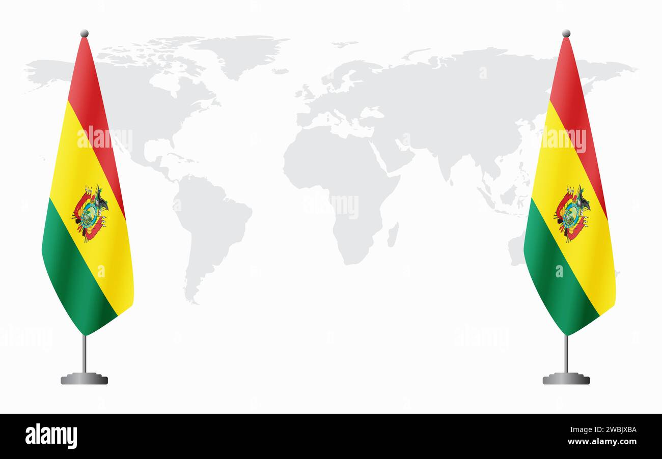 Bolivien und Bolivien Flaggen zum offiziellen Treffen vor dem Hintergrund der Weltkarte. Stock Vektor