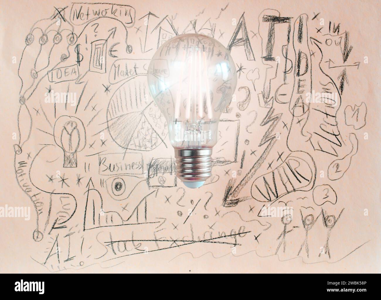 Idee, Innovation, Kreativität, Personalwesen und Problemlösungskonzept mit Glühbirne und Business Scribble Stockfoto