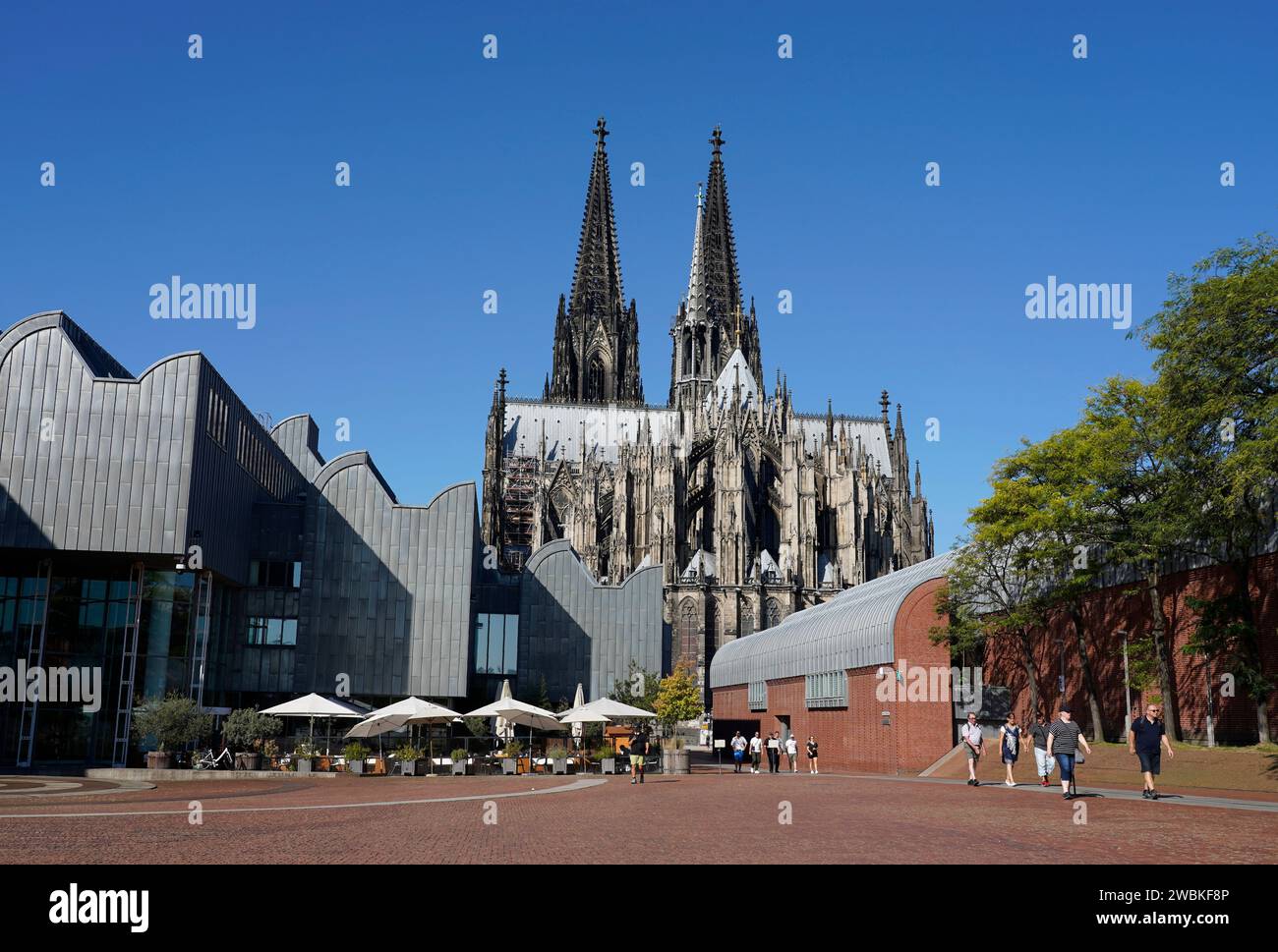 Deutschland, Nordrhein-Westfalen, Köln, Heinrich-Böll-Platz, Museum Ludwig, Straßencafé, Kölner Dom, Ostseite Stockfoto