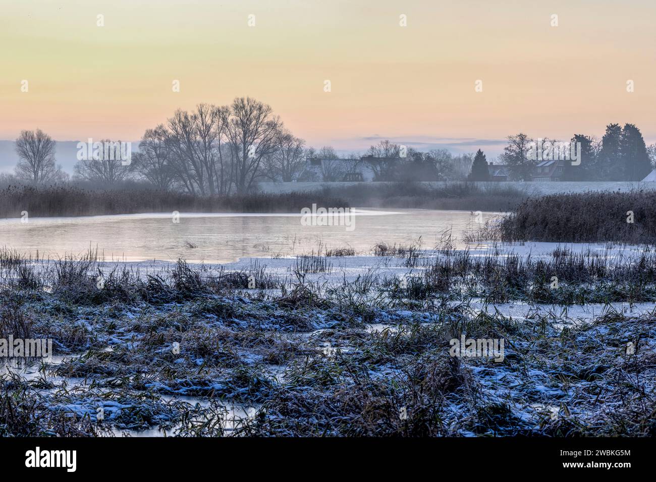 Ein eisiger Wintermorgen im Elbvorland bei Brackede in der Elbtalaue Stockfoto