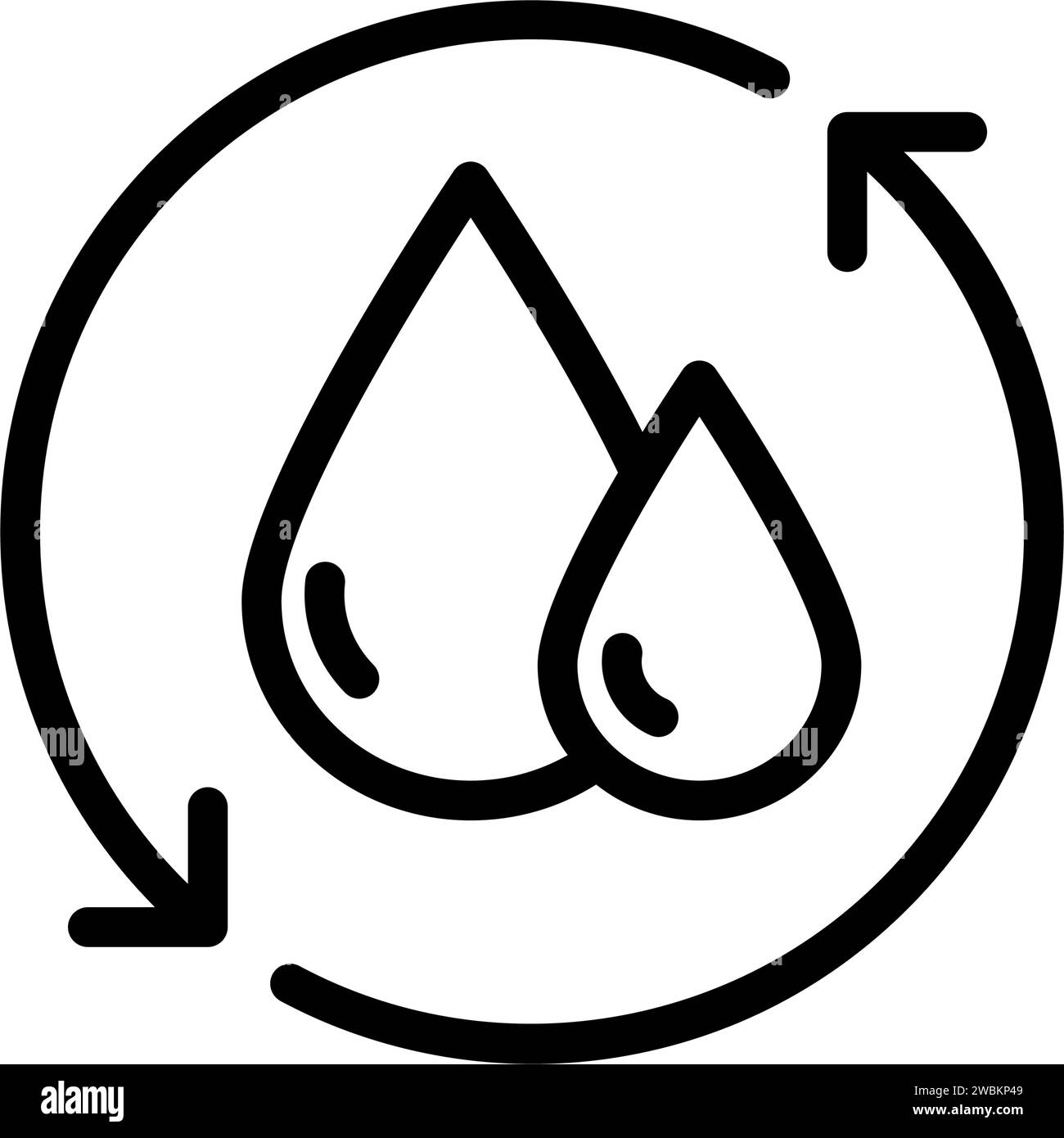 Einfaches Symbol recyceln. Wassertropfen mit 2 Sync- und Kreispfeilen. Flüssigkeit erneuern. Symbol Wasser wiederverwenden oder wiederverwenden. Speichern Sie das Weltschild. Vektorillust Stock Vektor
