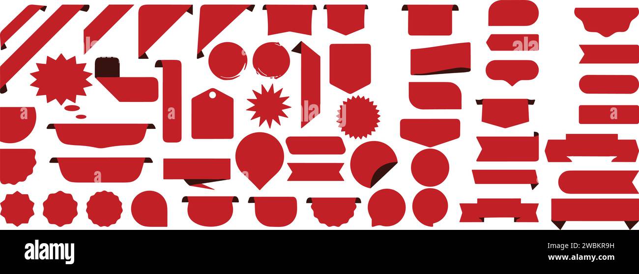 Satz leerer Verkaufsetiketten und Etiketten. Einkaufsaufkleber und Abzeichen Vektor-Mockup. Beste Wahl, jetzt bestellen, Sonderangebot, neue und große Werbebanner. Rot ri Stock Vektor