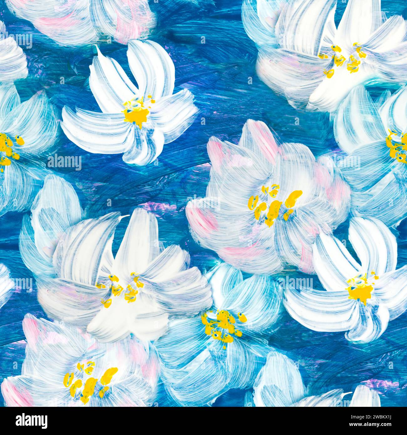 Nahtloses Muster der abstrakten Malerei weiße Blumen, Original handgezeichnet, Impressionismus Stil, Farbtextur, Pinselstriche von Farbe, Kunsthintergrund. Stockfoto