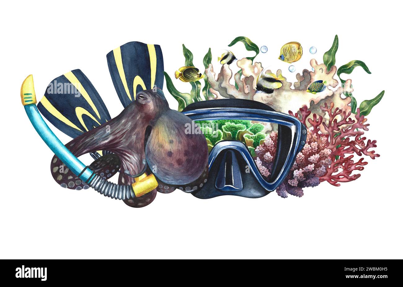 Tauchermaske mit Flossen und Schnorcheln neben Tintenfisch in Korallen und Meeresfischen. Handgemalt mit Aquarellen. Unterwasserausflug. Für Verpackungen, Karten und banne Stockfoto