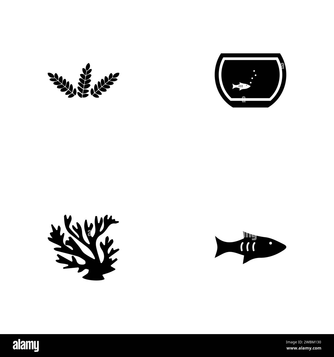 Aquarienbewohner. Eine Gruppe von schwarzen vier durchgehenden Symbolen, die auf weißem Hintergrund isoliert sind. Stock Vektor