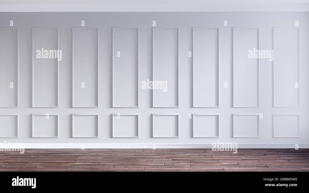 3D-Darstellung des Wohnzimmers mit luxuriöser weißer Putzwand, Formteil und Hartholzboden. Klassisches Interieur am sonnigen Morgen. Stockfoto