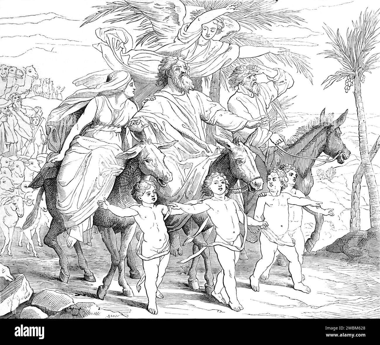 Holzgravur von Abraham, der das Gelobte Land aus der illustrierten Familienbibel betrachtet Stockfoto