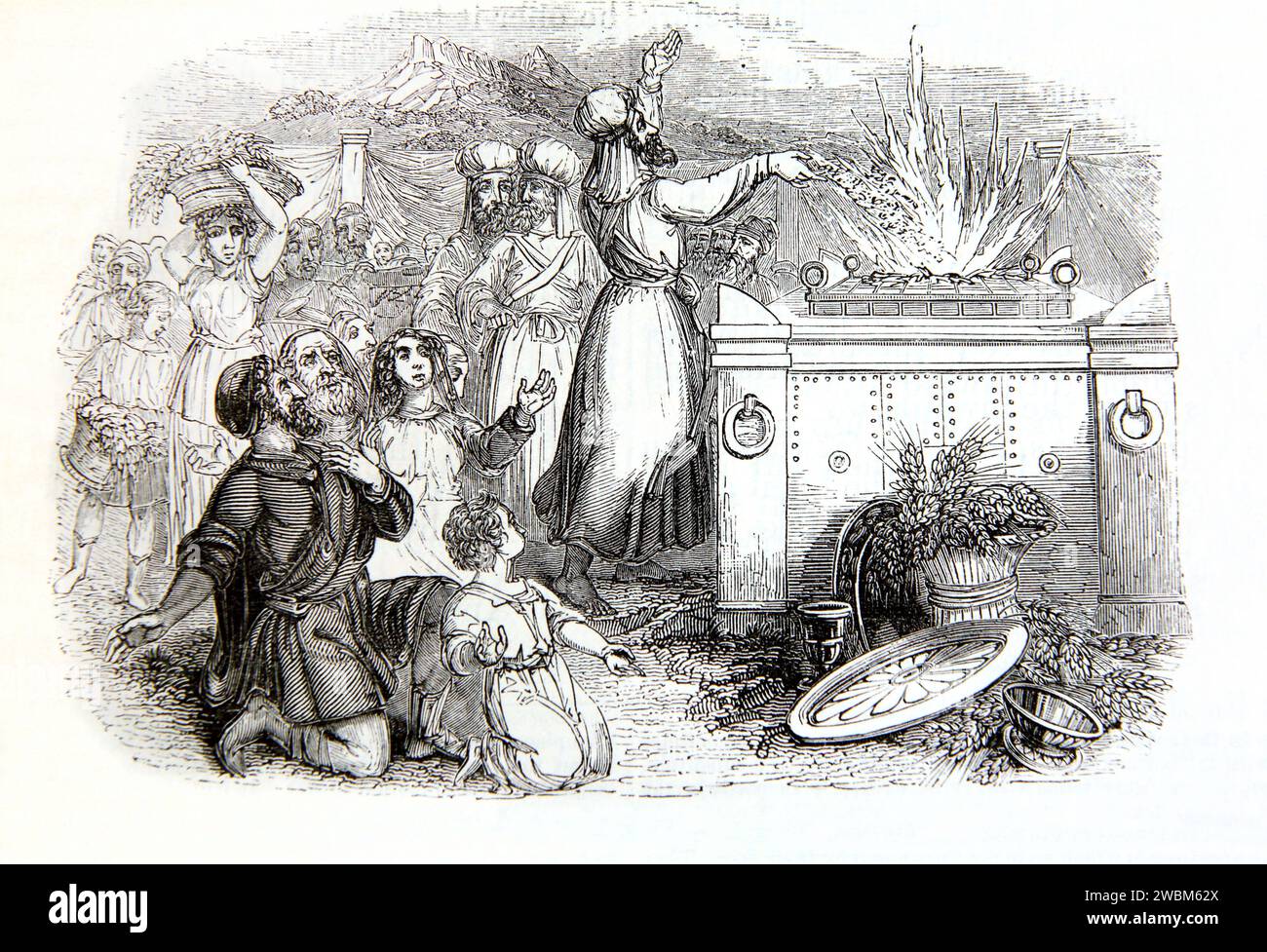 Holzgravierung des Fleischopfers nach einem Gemälde von Melville - Hohepriester am Alter der Brandopfer aus der illustrierten Familienbibel Stockfoto