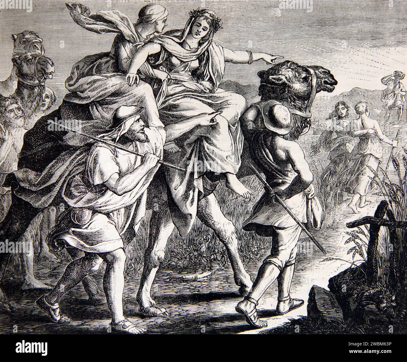 Illustration der Begegnung von Isaak und Rebekah - Isaak betet auf einem Feld, als Rebekah auf Einem Kamel Genesis ankam Stockfoto