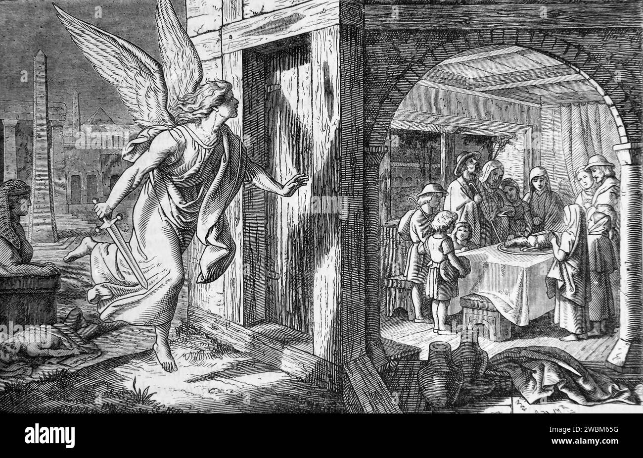 Holzgravierung des Zerstörers, das Blut des Opferlamms auf der Oberseite und an den Seiten des Türrahmens verschmiert, wenn ich das Blut sehe, werde ich pas Stockfoto