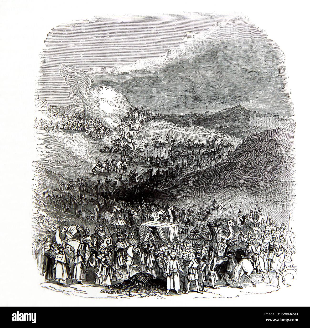 Holzgravierung Eines Marsches Einer Pilgerkarawane (Zahlen) aus der illustrierten Familienbibel Stockfoto