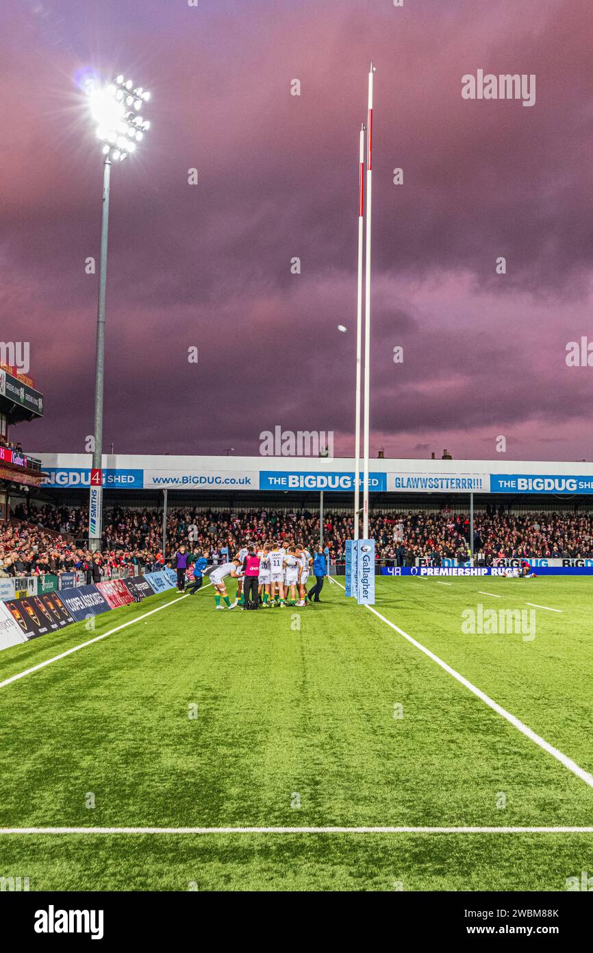 Ein Gloucester-Versuch wurde am 12/2023 im Kingsholm Stadium, dem Heimstadion von Gloucester Rugby, Gloucester, England, USA, ausgetragen Stockfoto