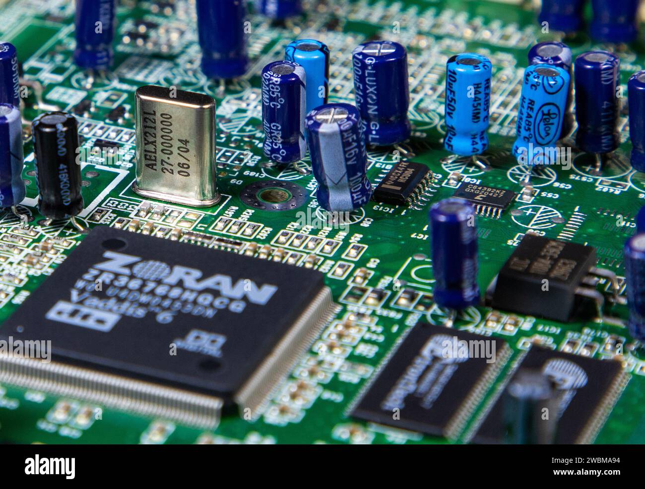 Eine detaillierte Nahansicht der inneren Komponenten eines Computers Stockfoto