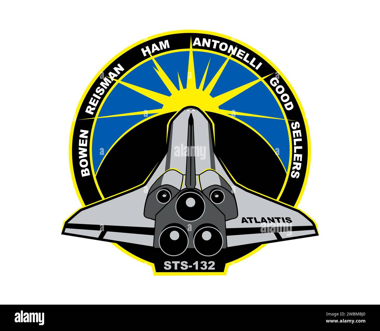 JOHNSON SPACE CENTER, Houston, Texas ---- STS132-S-001 (Februar 2010) --- die STS-132 Mission wird der 32. Flug des Space Shuttle Atlantis sein. Hauptziel der STS-132-Mission ist die Lieferung des in Russland hergestellten MRM-1 (Mini Research Module) an die Internationale Raumstation (ISS). Atlantis wird auch eine neue Kommunikationsantenne und einen neuen Satz Batterien für eine der ISS-Solararrays liefern. Auf dem STS-132-Mission-Patch fliegt Atlantis in den Sonnenuntergang, während sich das Ende des Space Shuttle-Programms nähert. Die Sonne kündigt jedoch auch das Versprechen eines neuen Tages an, als sie aufgeht Stockfoto