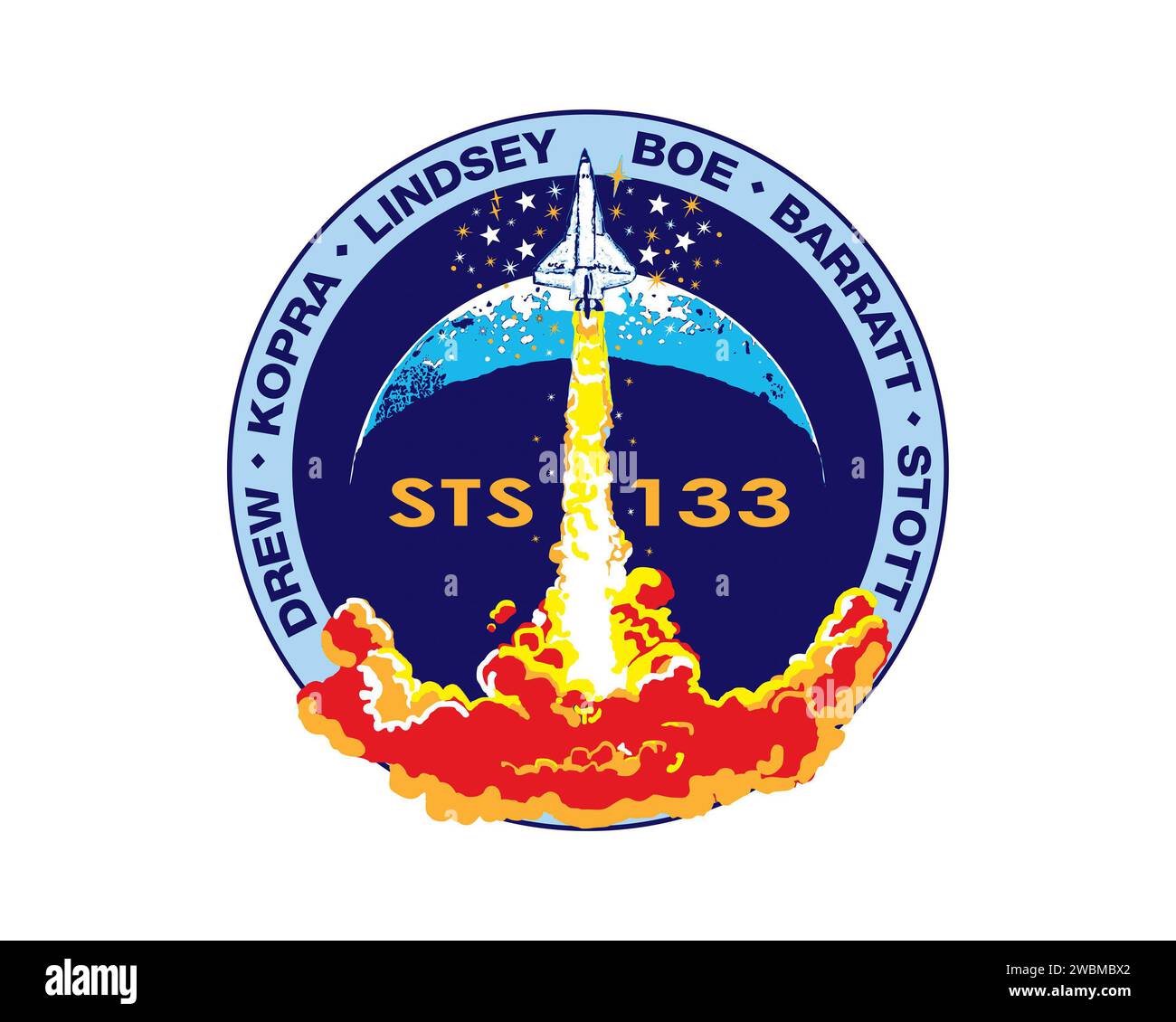 JOHNSON SPACE CENTER, Houston - STS133-S-001 ---- das STS-133 Mission Patch basiert auf Skizzen des verstorbenen Künstlers Robert McCall; sie waren die letzten Schöpfungen seiner langen und erstaunlichen Karriere. Im Vordergrund steigt ein einsamer Orbiter in einen dunkelblauen Himmel über einer feurigen Wolke auf. Ein Sternenstrahl umgibt den Orbiter und ein oberer Halbmond bildet den Hintergrund hinter dem Aufstieg. Die Missionsnummer STS-133 ist auf dem Patch Center verziert und die Namen der Besatzungsmitglieder sind an einem himmelblauen Rand um den Tatort herum aufgeführt. Der Shuttle Discovery ist auf einer Flamme A aufwärts dargestellt Stockfoto