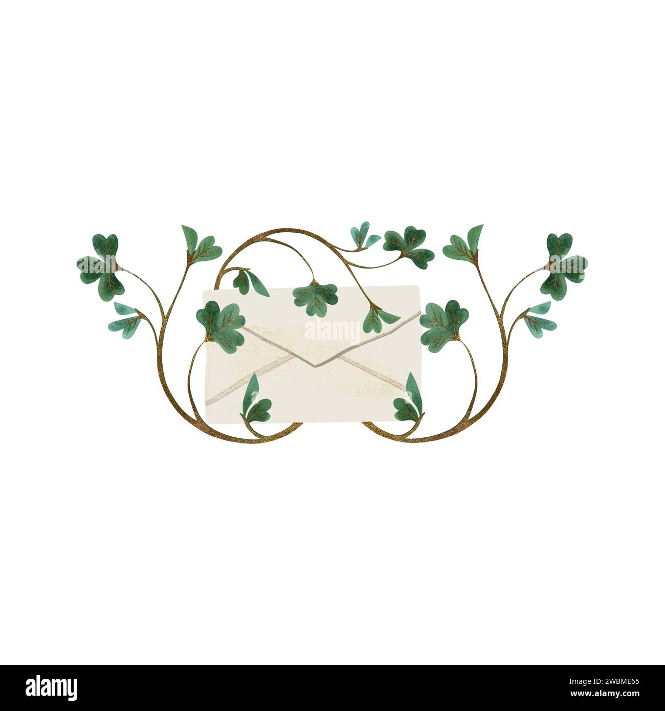 Briefumschlag aus weißem Papier mit grünem vierblättrigem Kleeblatt für St. Patrick's Day Einladung verwickelt mit Kleeblatt. Isolierte Aquarellillustra Stockfoto