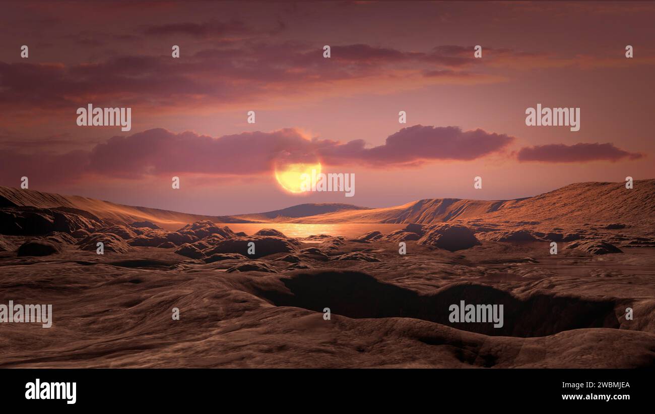 Das Konzept des Künstlers zeigt den Exoplaneten Kepler-1649c, der einen roten Zwergstern in seiner bewohnbaren Zone umkreist. Die Größe und Temperatur des Planeten sind der Erde am nächsten, unter den Entdeckungen von Kepler, wo flüssiges Wasser auf der Oberfläche existieren könnte. Stockfoto