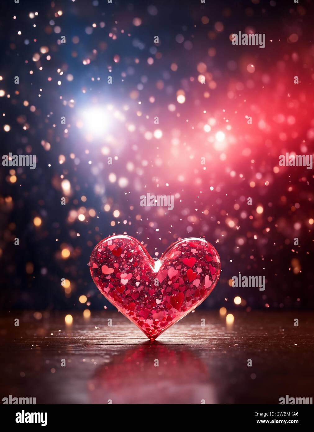 Valentinstag mit einem großen rot glänzenden Herz auf einem verschwommenen Hintergrund mit Bokeh-Effekt Stockfoto