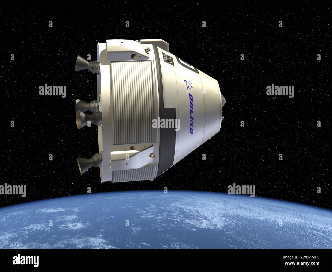 Die CST-100 Crew-Raumsonde wird von Boeing für das Commercial Crew Program der NASA entwickelt, um Astronauten zur Internationalen Raumstation zu transportieren, zusammen mit anderen Industriepartnern wie SpaceX, Blue Origin, Sierra Nevada, ULA, ATK, und Excalibur Almaz. Stockfoto