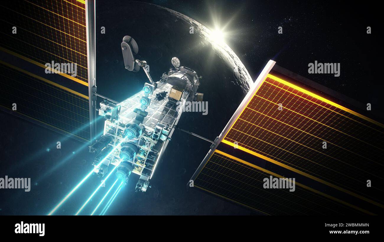 Das Power and Propulsion Element von Gateway, ausgestattet mit 12-kW-Strahlrudern, bietet dem Raumfahrzeug einen fortschrittlichen solarelektrischen Antrieb und unterstützt Hochleistungsbetrieb im Weltraum. Stockfoto