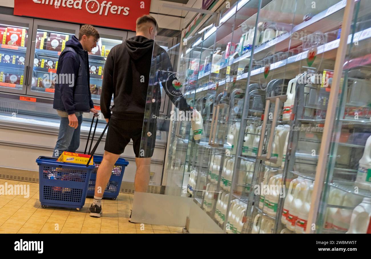 Junge Männer Studenten männliche Käufer Leute hinter dem Rücken betrachten Milch in Regalen beim Einkaufen im Lidl Supermarkt Großbritannien KATHY DEWITT Stockfoto