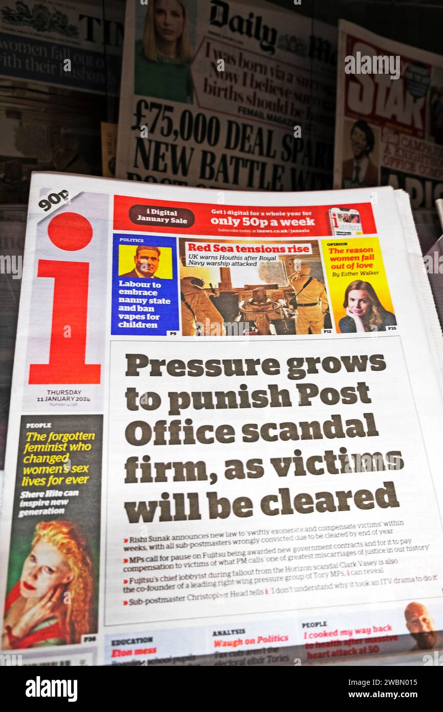 „Der Druck wächst, um Post Office Skandal Firmen zu bestrafen, da die Opfer befreit werden“ i Zeitung Titelseite Fujitsu artikel 11 Januar 2024 London Großbritannien Stockfoto