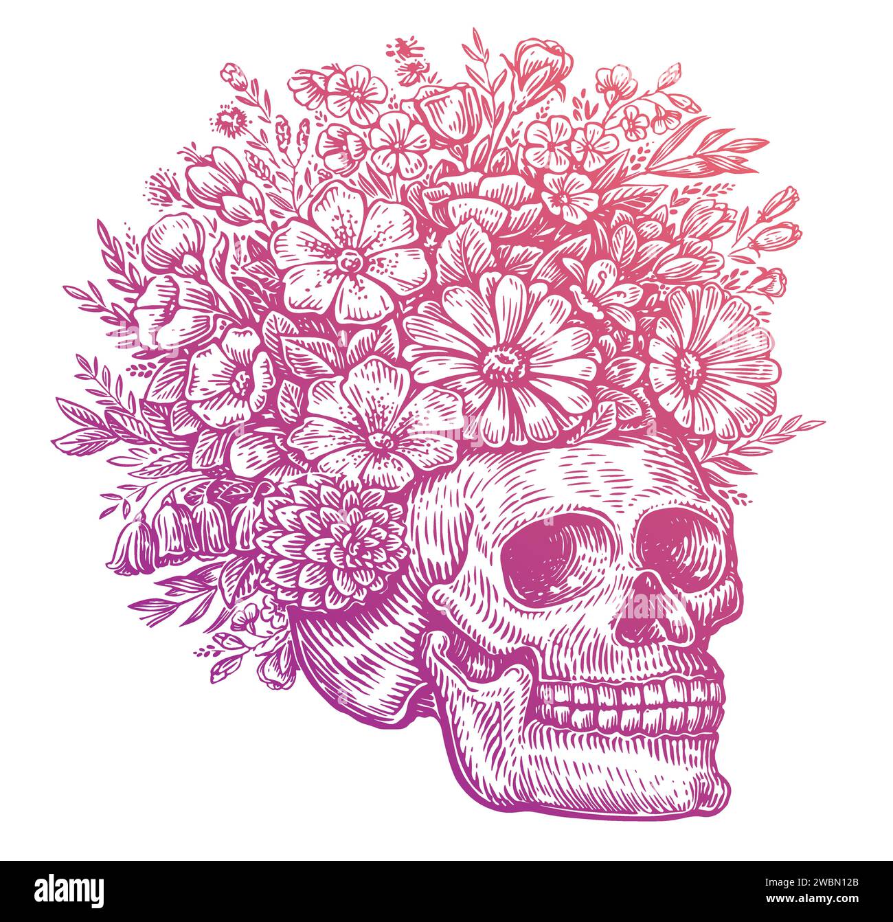Menschlicher Schädel mit Blumen. Handgezeichnete Vektorgrafik Stock Vektor