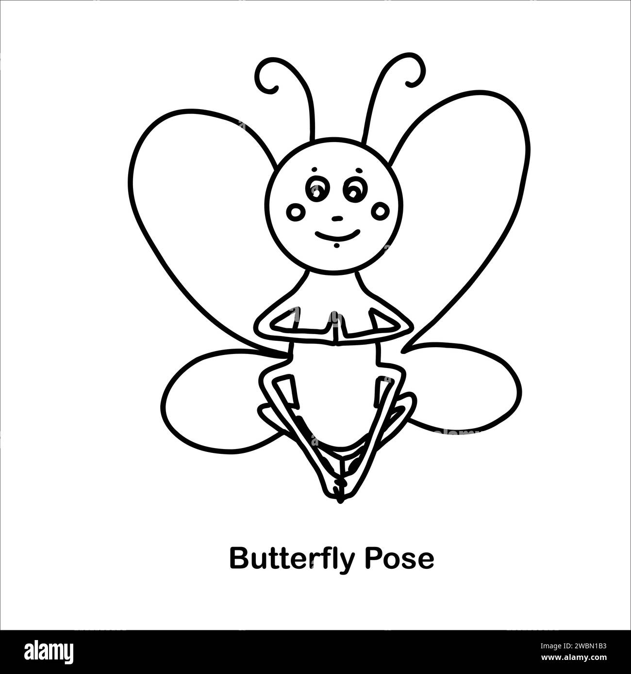Tier-Yoga, Schmetterling-Pose. Netter Schmetterling Hand gezeichnete Vektorillustration im Doodle-Stil. Stock Vektor