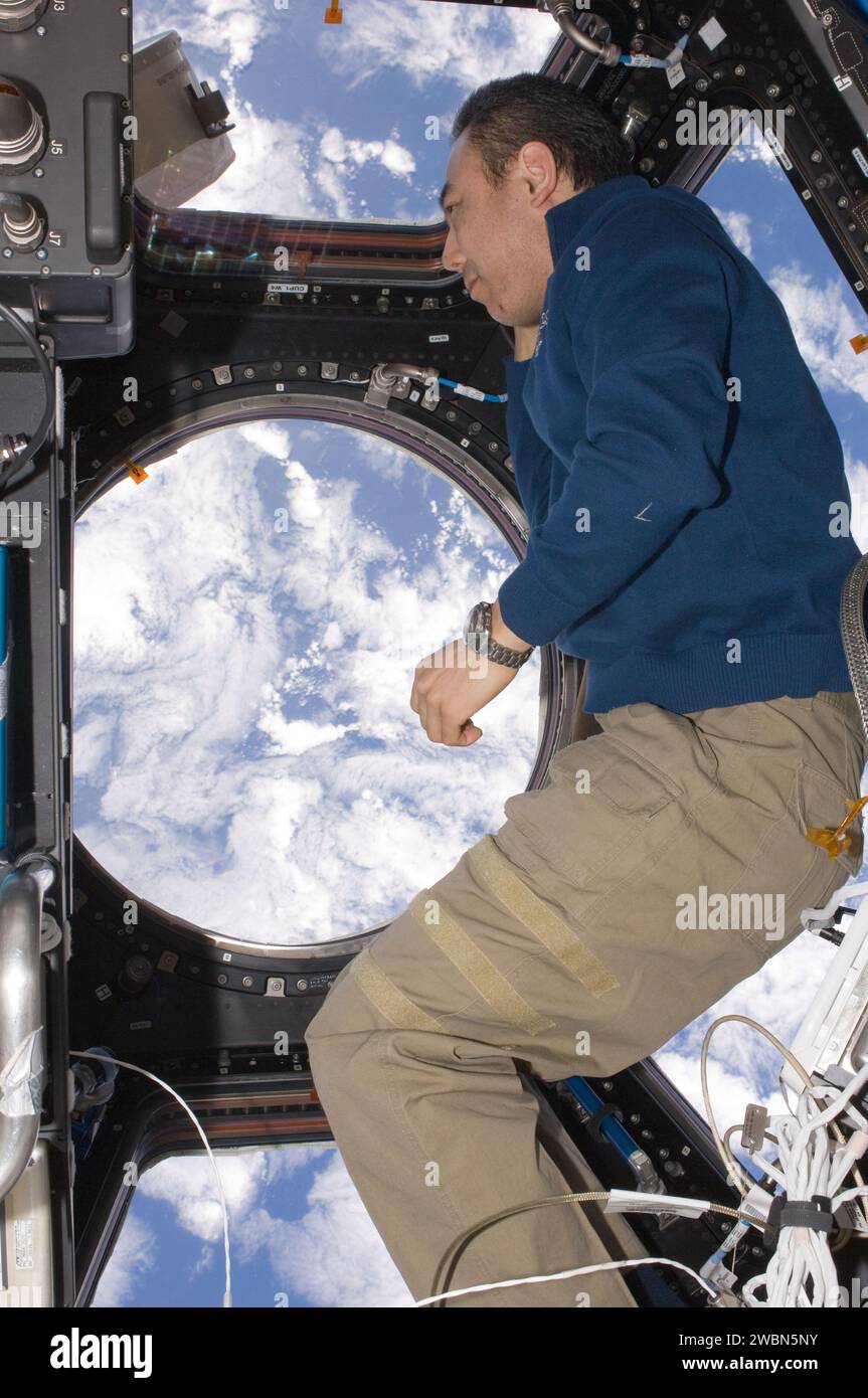 Der Astronaut Satoshi Furukawa, Flugingenieur der Expedition 29, beobachtet die Erde am 30. Oktober 2011 durch ein Fenster im Cupola-Modul der Internationalen Raumstation. Stockfoto